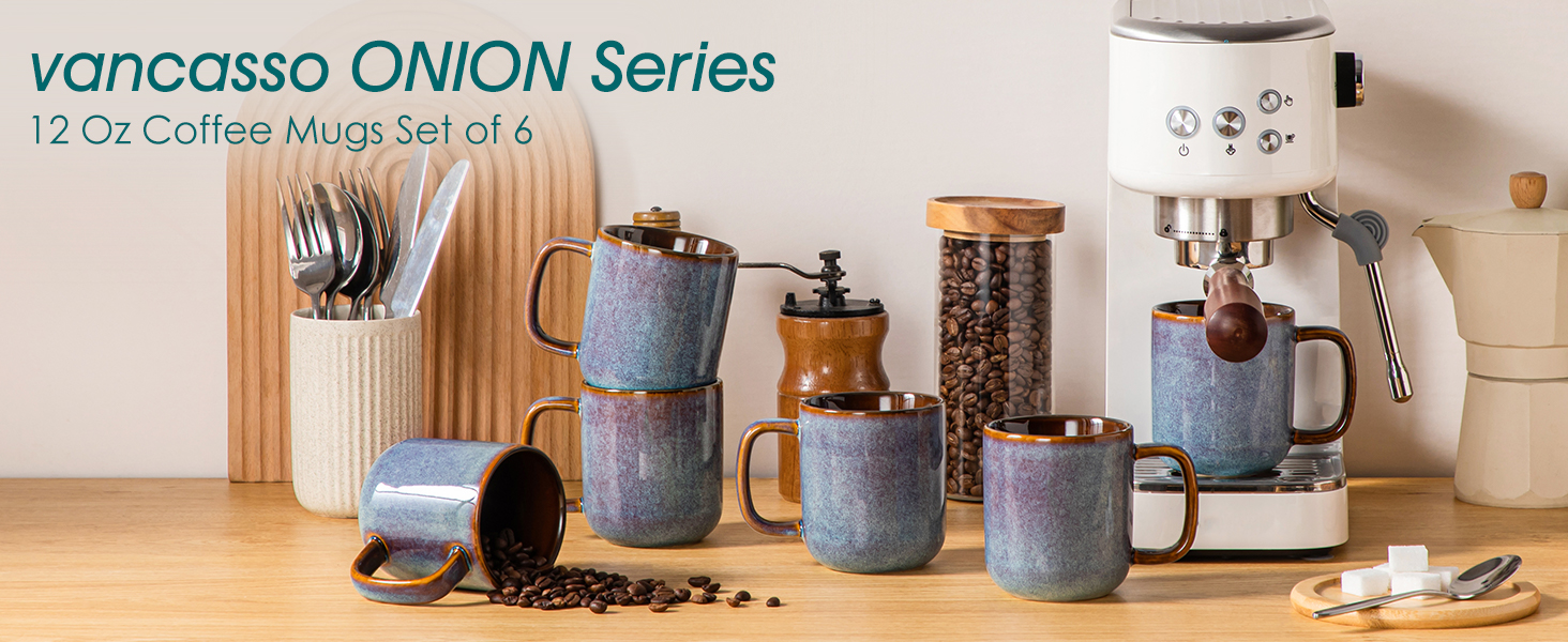 Набір посуду Vancasso Steingut 24 елементи (на 8 осіб) - Тарілки, салатники, миски. Серія ONION (блакитний), дизайн Galaxie.