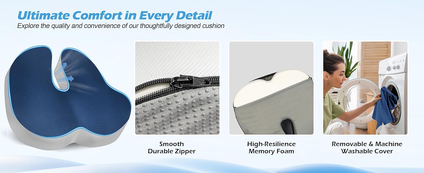 Подушка ортопедична для офісного крісла Lofty Aim з піни Memory Foam: підтримка попереку, куприка, зняття болю, для офісу, авто, літака, інвалідного візка – чорний, синій та сірий