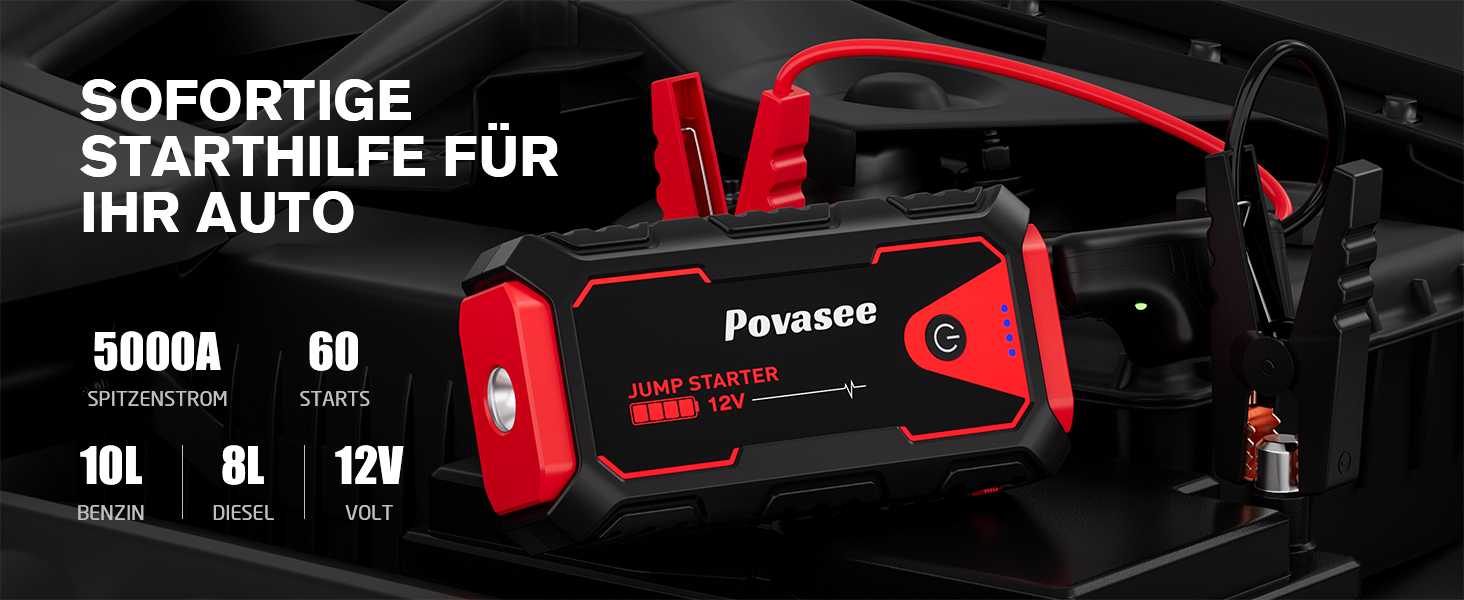 Пусковий пристрій (бустер) Povasee Starthilfe Powerbank 5000A для авто 12V, LCD-дисплей, USB-порти, для бензинових та дизельних двигунів до 10л, червоний
