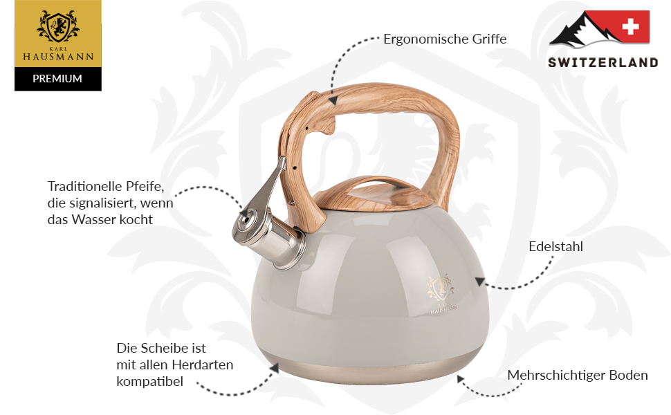 Електричний чайник Karl Hausmann 3L з автоматичним свистком - нержавіюча сталь для індукційних, газових та електричних плит