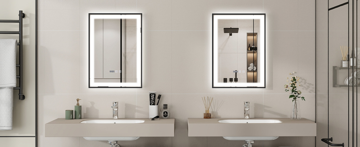 Дзеркало для ванної кімнати YOURLITE з підсвіткою, 85x55 см, LED, сенсорне керування, 3 кольори світла, регулювання яскравості, протизапобігання запотіванню, вертикальна/горизонтальна орієнтація, IP44, білий (чорний-5070)