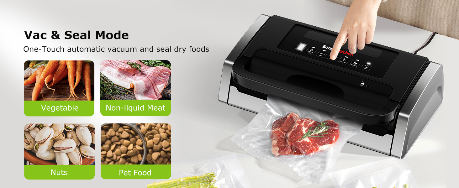 Вакууматор Bonsenkitchen для продуктів, потужний вакуумний пакувальник 15л/хв, з інтегрованим різаком та ручкою-фіксатором, чорний (комплект з 100 пакетами)