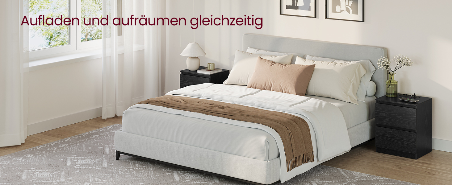 Приліжкова тумбочка VASAGLE Kailyn з розетками, 2 ящики, 2 AC-розетки, 2 USB-A порти, для спальні, хмарно-білий LET62W02