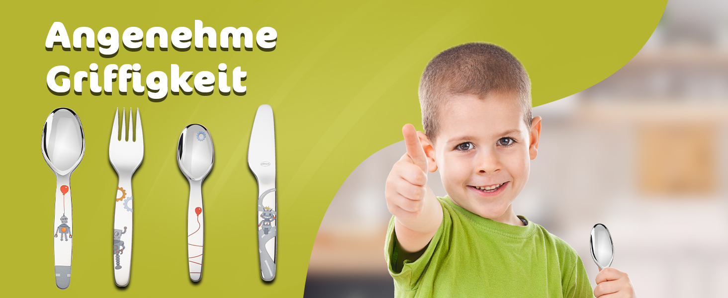 Набір дитячого посуду RÖSLE Kinderbesteck – 4 предмети з нержавіючої сталі 18/10, для дітей від 3 років, безпечний, можна мити в посудомийній машині, чудовий подарунок на хрещення, дизайн 'Маленький робот'