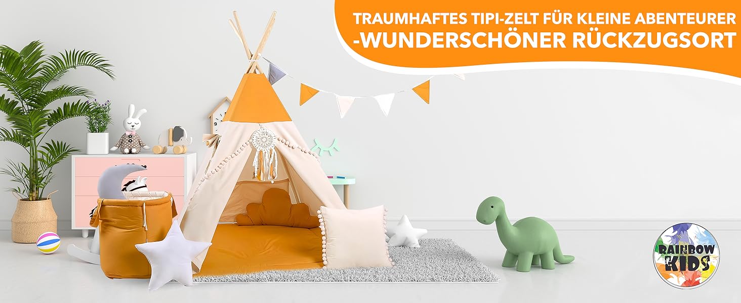 Дитячий намет-тіпі Rainbow Kids: бавовняне полотно, різні кольори та візерунки, з аксесуарами (Вовк, зірка, рожевий)