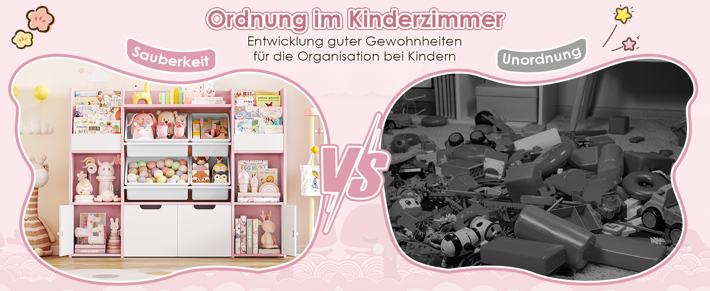 FOREHILL Дитяча полиця для іграшок та книг, стелаж для дитячої кімнати з 4 ящиками, рожевий (126x30x104 см)