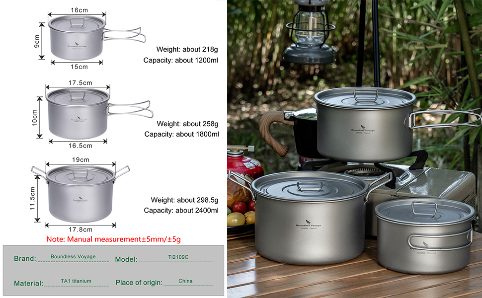 Набір каструль для приготування їжі iBasingo Ultralight Titanium Camping з кришкою для 1-3 осіб, складна ручка, портативний