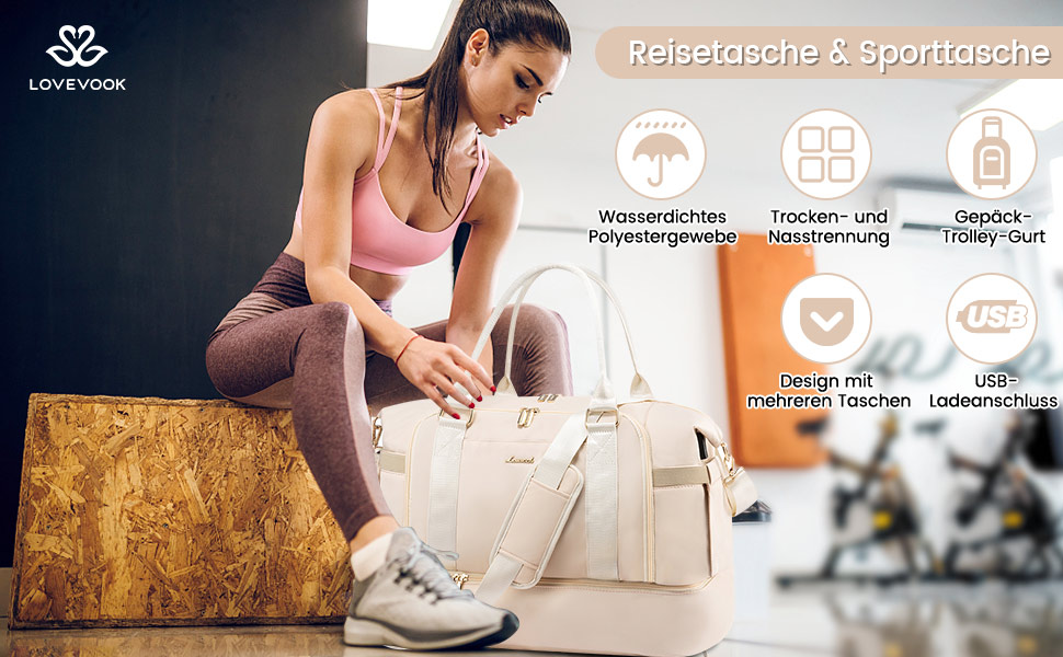 Спортивна сумка Lovevook для подорожей: жіноча дорожня сумка-шопер, сумка для вихідних з косметичкою, відділенням для взуття та мокрих речей, водонепроникна, 37л, бежева