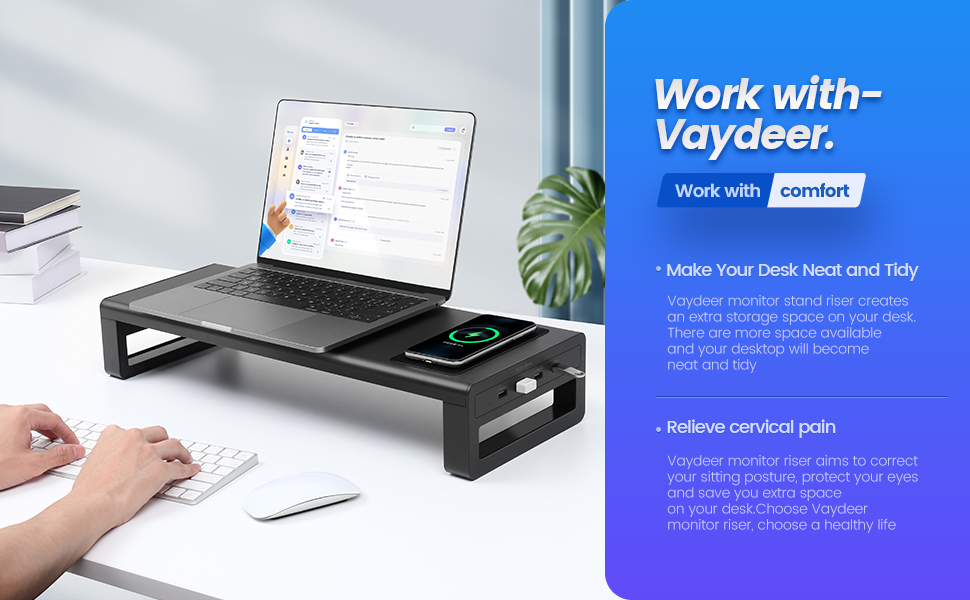 Підставка для монітора VAYDEER USB 3.0 з бездротовою зарядкою та передачею даних - чорна, до 32 дюймів