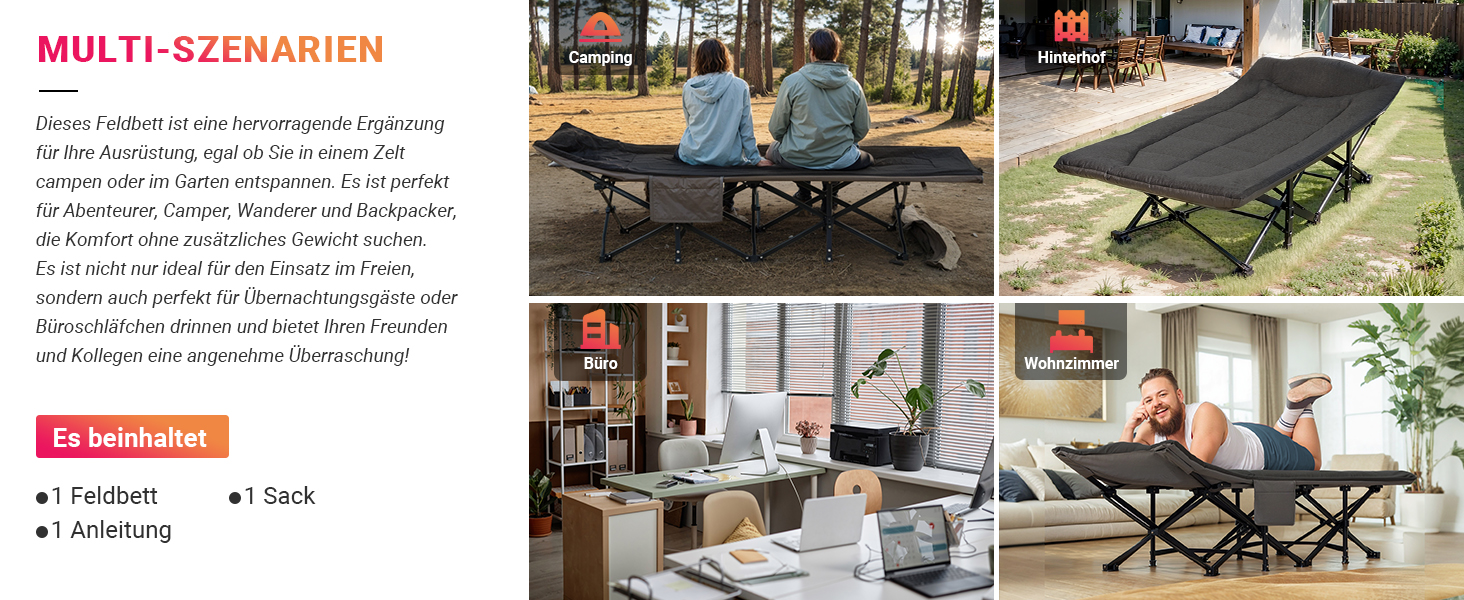 Розкладне кемпінгове ліжко OVERMONT з матрацом, 190x70x40 см, витримує до 250 кг, тканина Оксфорд, з кишенею та сумкою для перенесення, чорне