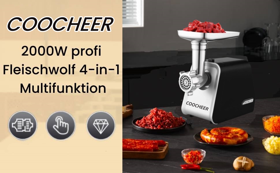 Електрична м'ясоподрібнювач COOCHEER 2000W Professional, 3-в-1 з насадкою для ковбас та насадкою для кеббе, з нержавіючої сталі, 3 диски