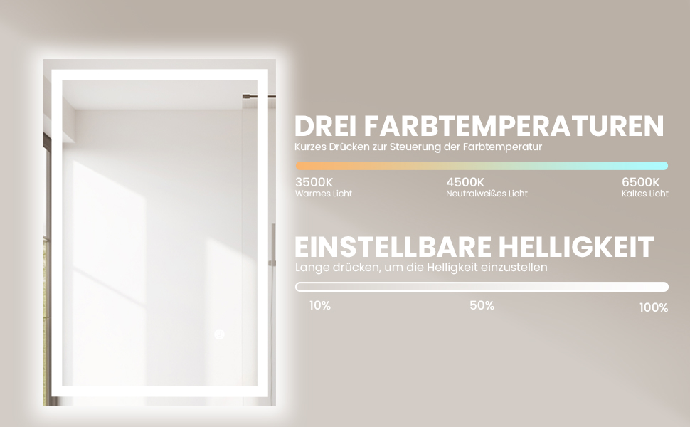 Дзеркало для ванної кімнати з підсвіткою 70x50 см | LED дзеркало | IP54 вологостійке | Сенсорне управління | Настінне дзеркало | Горизонтальна/Вертикальна установка