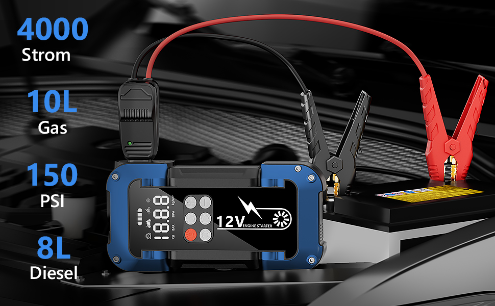 Портативний пусковий пристрій Starthilfe Powerbank з компресором 150PSI, 4000A, 12V для автомобілів та 8.0L дизель, 26800mAh, 4-в-1 з LED-ліхтариком та LCD дисплеєм