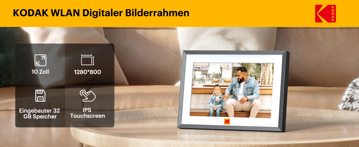 Цифровий фоторамка Kodak 10 дюймів з Wi-Fi, 32GB, IPS HD сенсорний екран, автоповорот, чорний