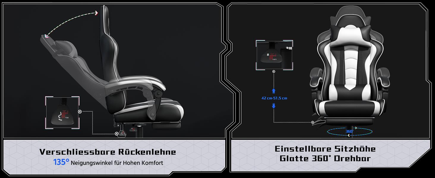 Ігровий крісло Yaheetech з масажем, комп'ютерне крісло з підніжкою, біле, регульована спинка 90-135°