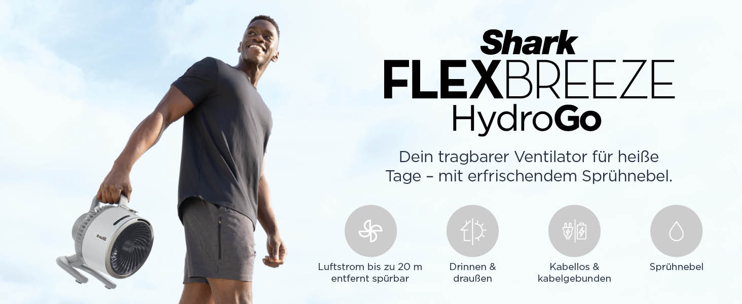 Вентилятор Shark FlexBreeze HydroGo Starker з функцією розпилення, охолодження для дому та вулиці, тихий та довговічний, з підключенням та без, компактний та легкий, потік повітря до 20 м, модель FA050EUDV
