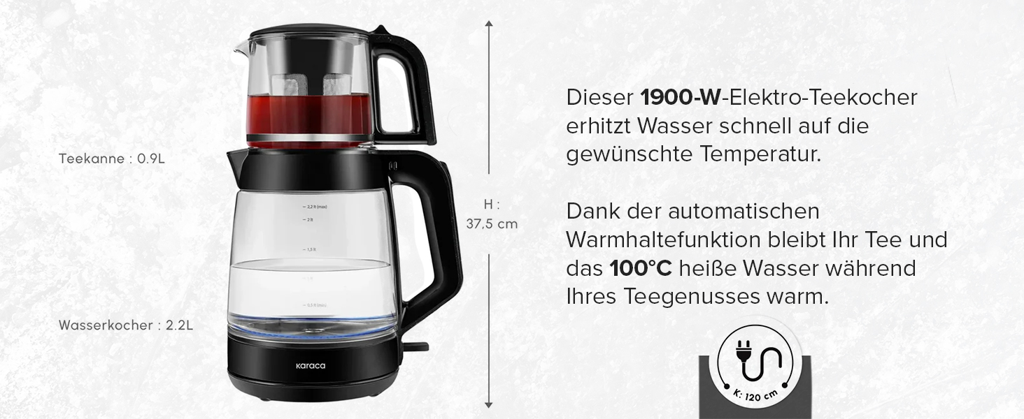Чайник-заварник електричний Karaca Glass XL 2 в 1, чорний, 0.9л/2.2л, LED, 360°