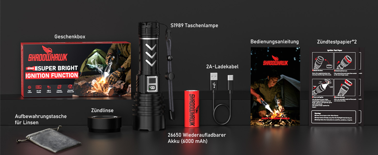 Потужний тактичний ліхтарик Shadowhawk LED 1 000 000 Лм, 50Вт, акумулятор 6000mAh, дальність 1000м, LCD-дисплей, функція розпалювання вогню, чорний — для кемпінгу та виживання