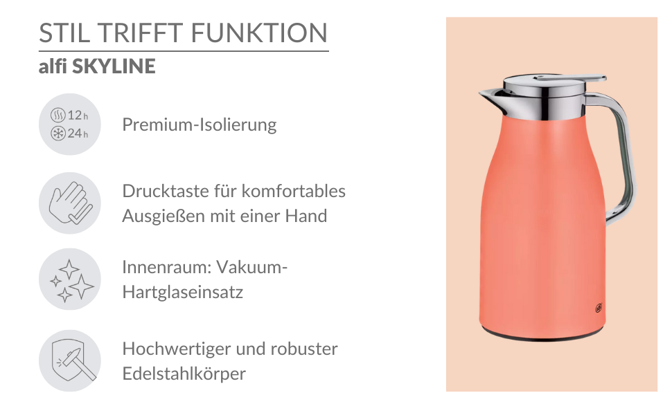 Термос Alfi SKYLINE 1.0л Pastel Water: термоізоляційний термос з нержавіючої сталі, з гігієнічним скляним вкладишем, поворотним кришкою з кнопкою, ергономічною ручкою, BPA-free, 1000 мл