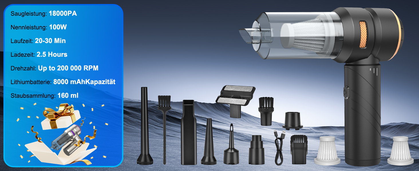 Бездротовий ручний автомобільний пилосос 4 в 1, потужність 18000Па, безщітковий двигун 200000 об/хв, 3 рівні всмоктування для авто, дому та шерсті тварин, сріблясто-чорний