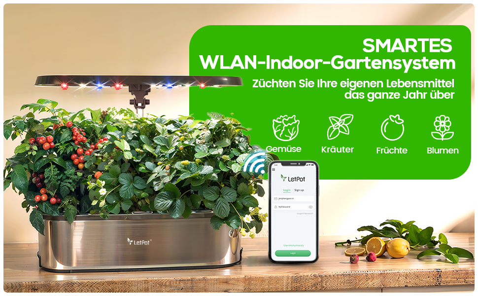 LETPOT LPH-SE: Система гідропоніки WiFi для вирощування трав, 12 капсул, внутрішній сад з LED-підсвічуванням 24W, 5.5L резервуар, автоматичний таймер