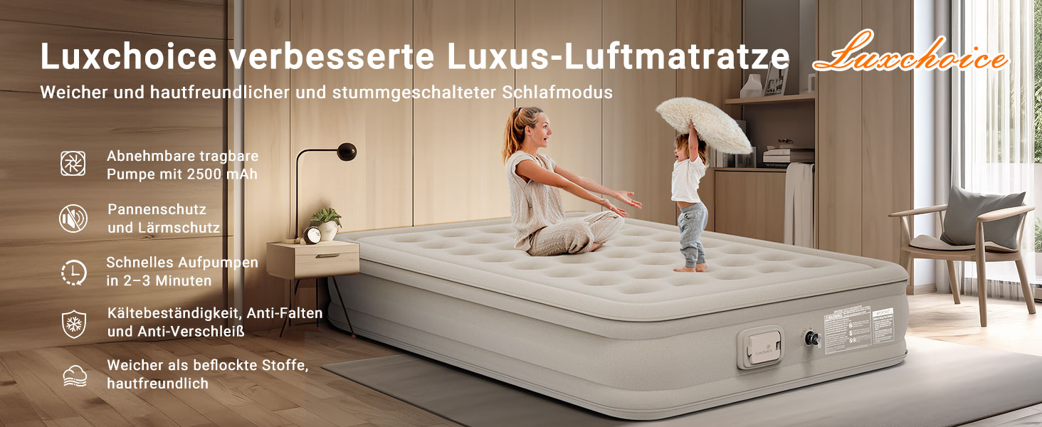 Надувне ліжко 2 персони, самонадувна повітряна матрац з портативним насосом, преміум тканина, антизносне та антишум, для кемпінгу або дому