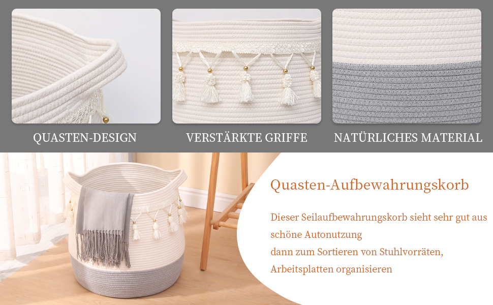 Великий кошик з бавовняного мотузка, плетений кошик для іграшок, білизни та ковдр, круглий кошик для подарунків з ручками для дитячої кімнати D45xH43CM (світло-сірий)