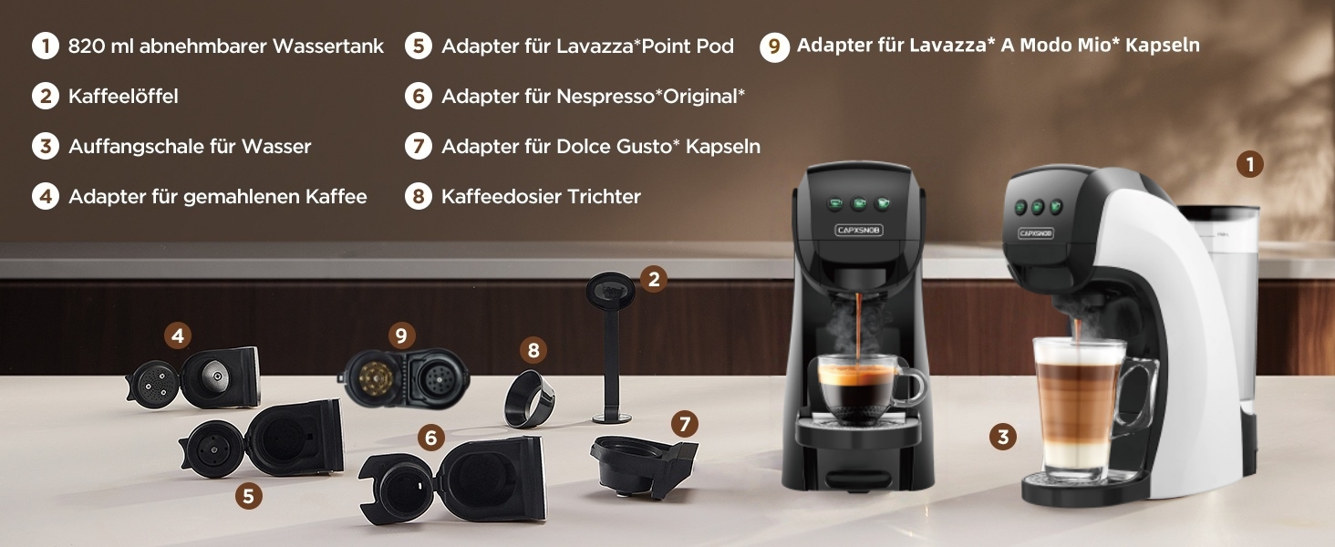 Кавомашина 5-в-1 Warriors1 для Nespresso, Dolce Gusto, Lavazza A Modo Mio, FAP Espresso Point та меленої кави, 20 bar, 0.8 л, автоматична, для дому та офісу, чорний