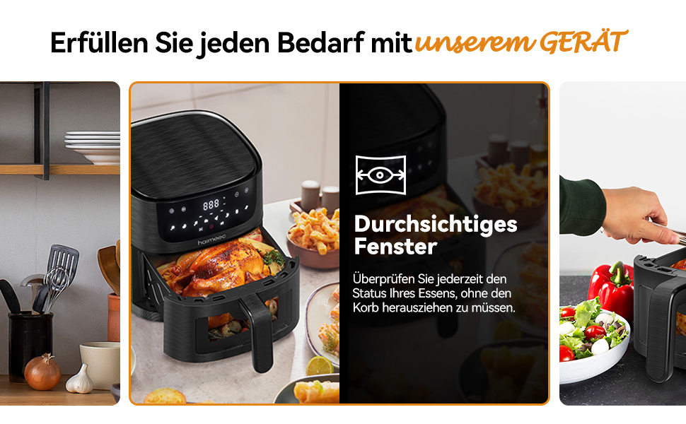 Фритюрниця повітряна 6л з вікном, без олії, 8-в-1, 30-200°C, 78 рецептів, антипригарне покриття, тиха робота