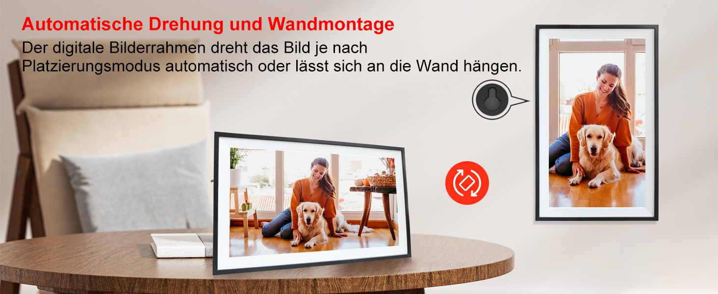 Цифровий фоторамка Frameo 15.6 дюймів: Wi-Fi, FHD IPS сенсорний екран, 32GB, автоматичне обертання, віддалене завантаження фото та відео, кріплення на стіну