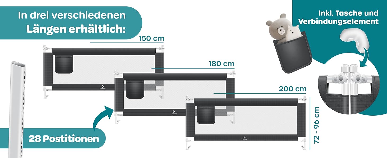 Захисний бортик для ліжка KESSER 200 см, сірий. Бортик для дитячого ліжка, захист від випадання, складаний та регульований по висоті, сітка Mesh, з кишенею