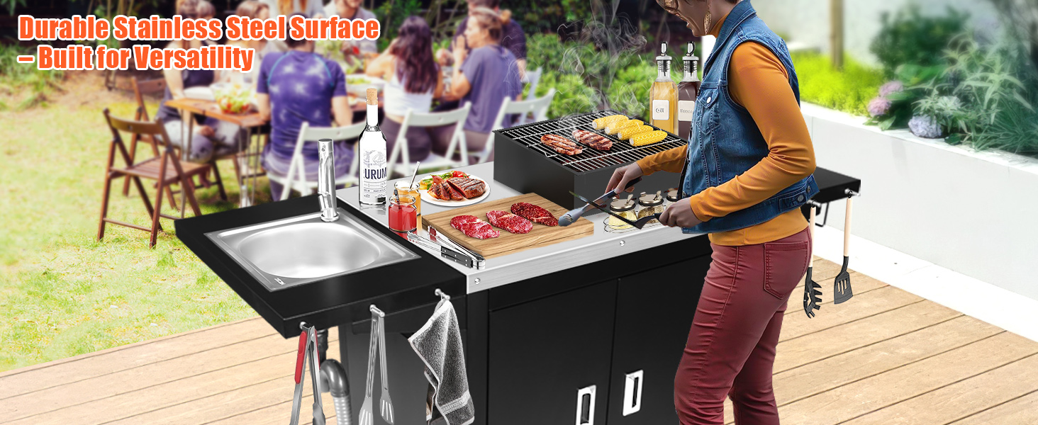 Гриль-вогн на колесах GFTIME: мобільний стіл для піци з нержавіючої сталі, кухонний острів з шафкою та полицями, 154 x 63 x 89 см