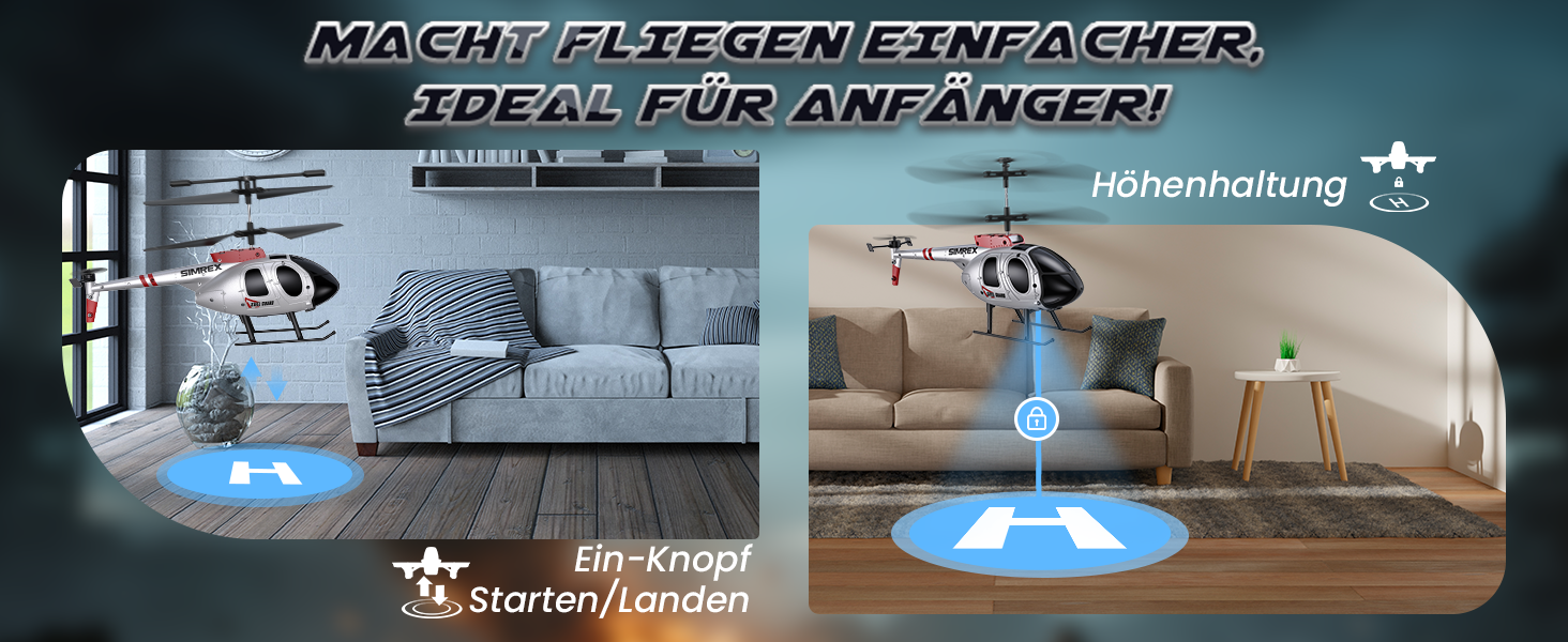 SIMREX Радіокерований гелікоптер 2.4 GHz, 2 режими швидкості, 20 хв польоту, для хлопчиків та дівчаток, іграшка для дітей