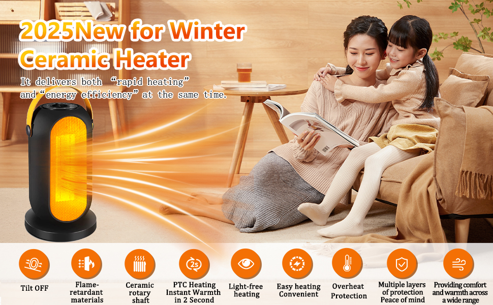 Електричний обігрівач з керамічним PTC нагрівачем, 1200W, з термостатом та захистом від перегріву та перекидання. Підходить для дому та офісу.