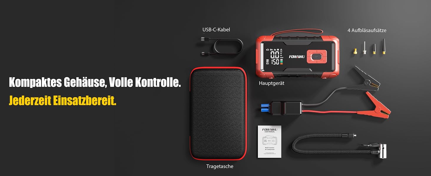 Пусковий пристрій (бустер) FOWAWU 8000A 26800mAh для автомобіля з компресором та Powerbank, цегляно-червоний (2006)