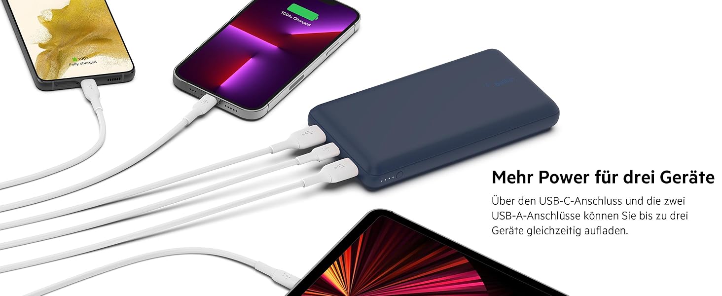 Повербанк Belkin 20K, 20 000 мАг, USB-C/USB-A, включаючи кабель, для iPhone, Galaxy, Pixel - синій