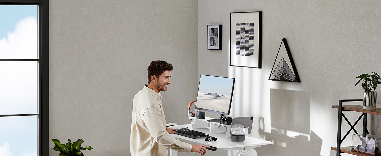 Регульований стіл WALKINGDESK для дому та офісу: електричний, з висувними ящиками, підставкою для монітора та тримачем для телефону (140 x 60 см, білий)