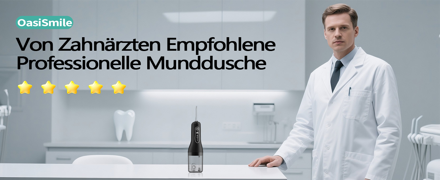 Електрична іригатор Munddusche: тестер-переможець 2025, 260 мл резервуар, IPX7 водонепроникність, 5 насадок, 40 днів роботи, для догляду за порожниною рота, чорний