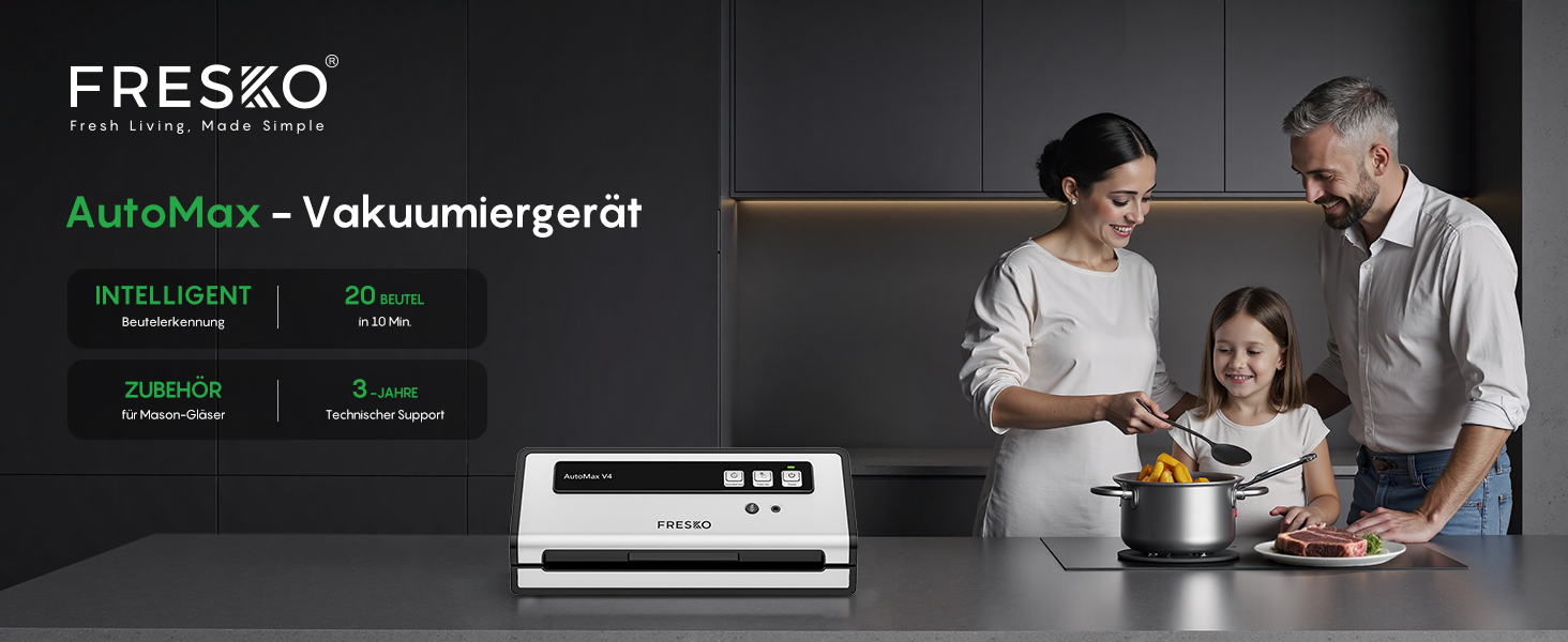 Вакууматор FRESKO Automax V2, автоматичний вакуумний пакувальник 140W з подвійним термозапечатуванням, режимами «Сухий/Вологий» та набором для консервації (чорний)