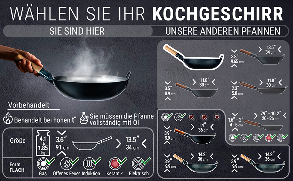 Вок YOSUKATA з вуглецевої сталі (34 см) - попередньо обпалена поверхня, плоске дно, для індукційних, газових та електричних плит (синій)