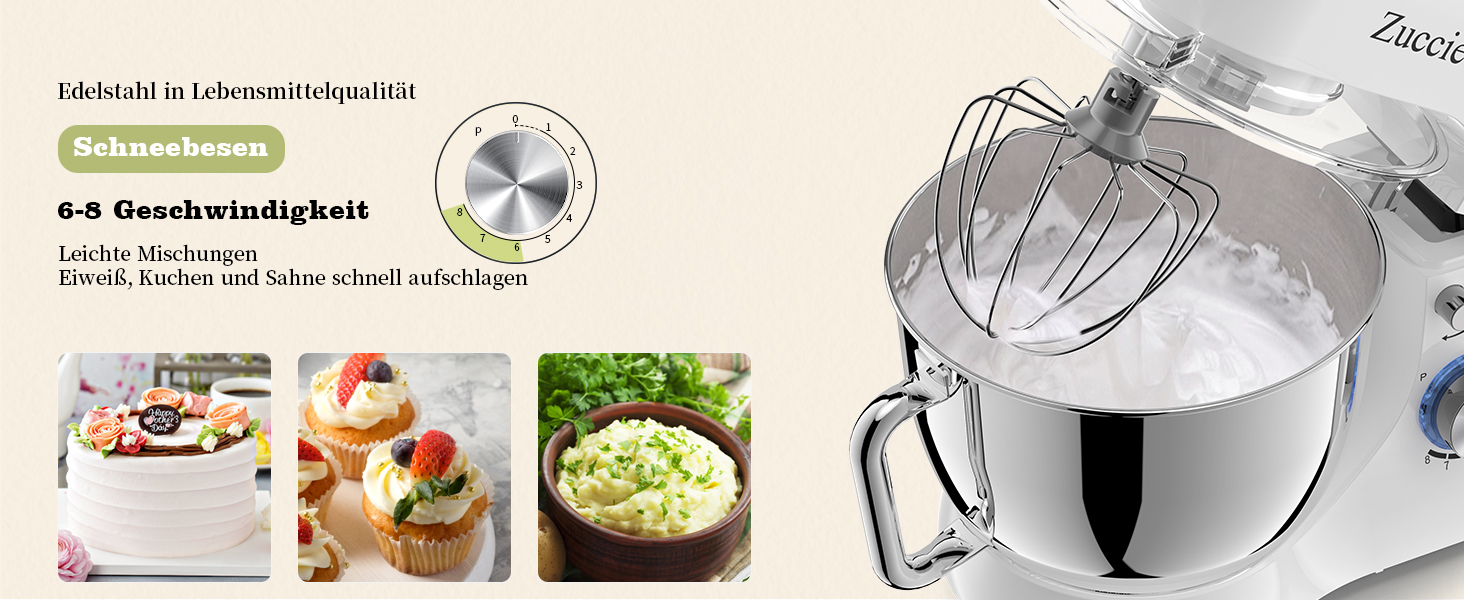 Кухонна машина Zuccie з тихою роботою, місткістю 5л, з нержавіючою чашею, 3 насадки, сплітц-захист, скребок для тіста та роздільник яєць, 8+ швидкостей.