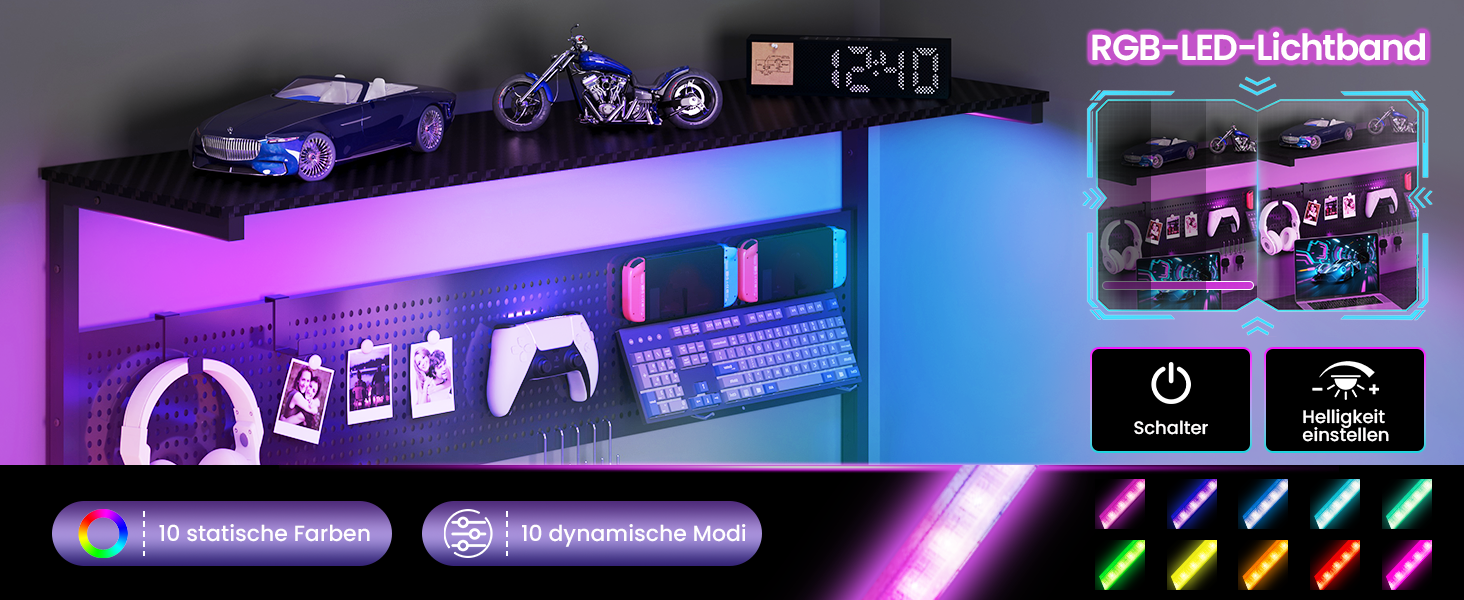 Ігровий стіл Youdenova L-подібний з LED, розеткою та USB, кутовий з полицею та перфорованою стінкою, 120x80 см, чорний карбон