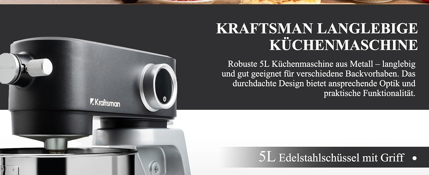 Кухонна машина 5л з місткою чашею з нержавіючої сталі, для тіста, піци, з таймером та 8 режимами. В комплекті: міксер, гак для тіста, вінчик, гнучкий вінчик. Чорний колір.