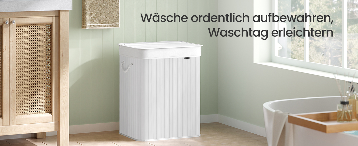 SONGMICS Кошик для білизни 95 л з кришкою, бамбук, з ручками, складний, знімний мішок для прання, для пральні, LCB060Y01 (95 л)