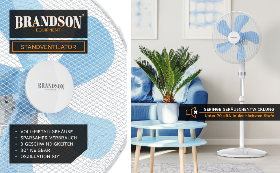 Вентилятор підлоговий Brandson 50 Вт, 40 см, білий: регульована висота, нахил 30°, 3 швидкості, коливання 80°