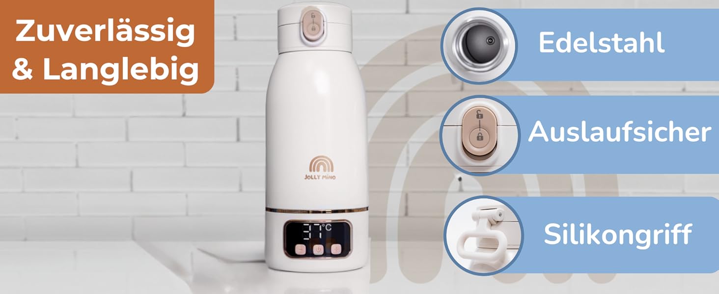 Jolly Mino: Портативний підігрівач пляшок 500 мл – Бездротовий, з нержавіючої сталі, для дитячого харчування та води – Ідеальний для подорожей, авто та літака