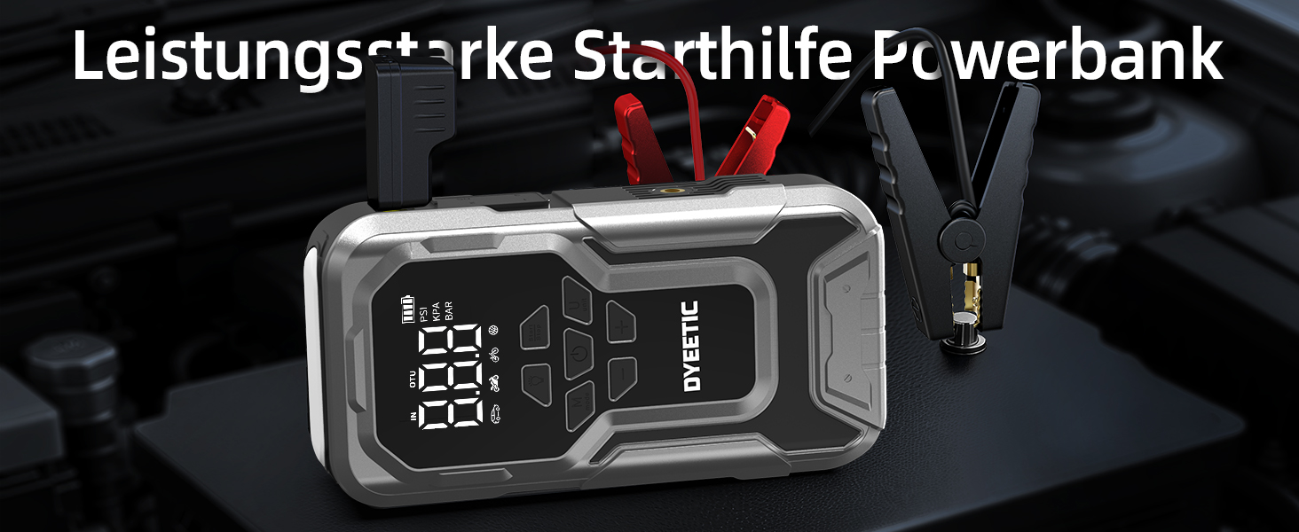 Powerbank Starthilfe 6000A з компресором 150PSI: портативний пусковий пристрій для авто та мото (бензин, дизель до 10.0L) з LED-ліхтариком QC3.0, срібний