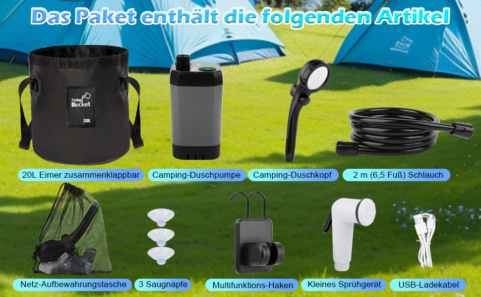 Портативна душова кабіна для кемпінгу з акумулятором та насосом, 6000mAh. Модель для відпочинку, подорожей, автомийки. З набором душової лійки та шлангом, складаний бак.