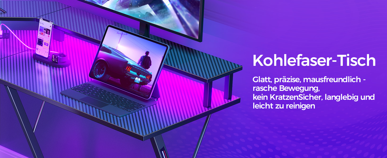 Ігровий стіл SEVEN WARRIOR з LED-підсвічуванням, розетками, моніторний стійка, 2 гачки, L-подібний, 147 см