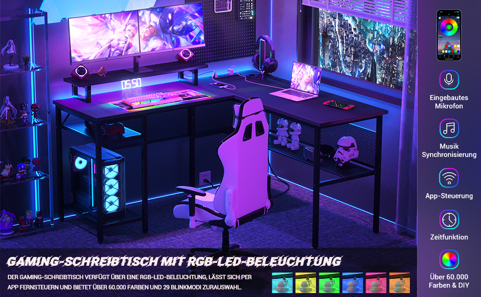 L-подібний ігровий стіл, 141x117x76 см, з полицею, для дому, офісу, навчання, ігор, чорний